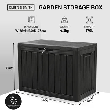Olsen & Smith 170L Outdoor Garden Storage Box – Lockable Plastic Container Chest with Wood-Effect Panels, Weather-Resistant Patio Storage for Tools, Toys & Cushions – Black